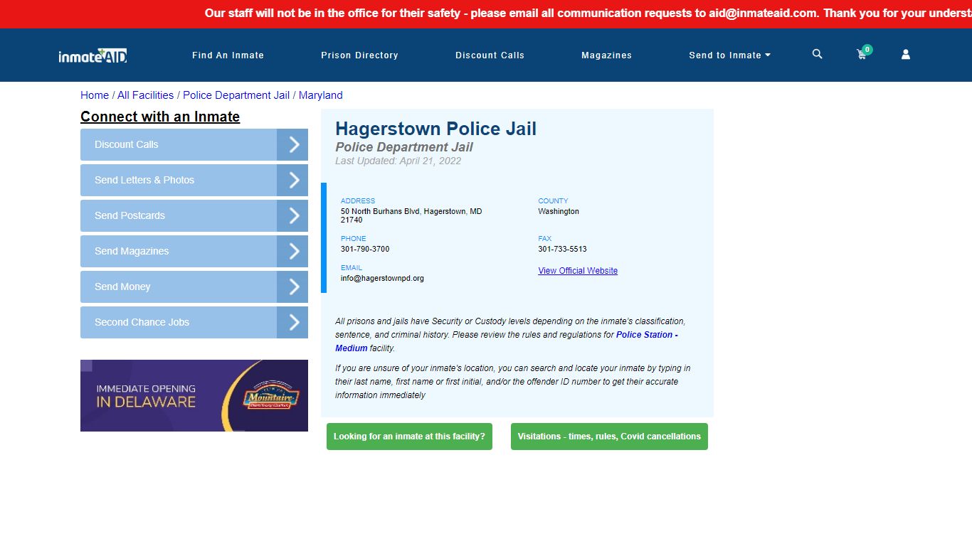 Hagerstown Police Jail & Inmate Search - Hagerstown, MD