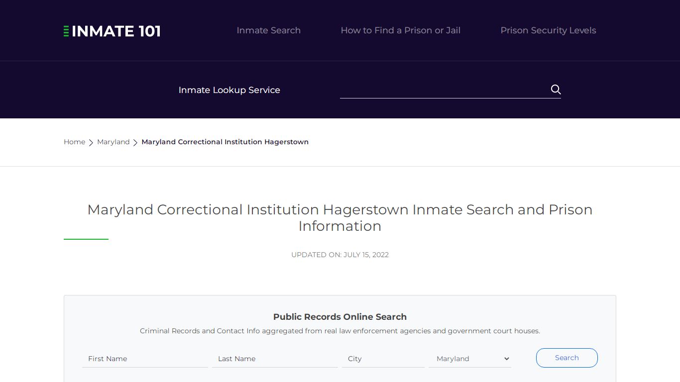 Maryland Correctional Institution Hagerstown Inmate Search ...